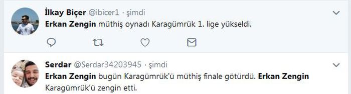 TFF 2’nci Lig play-off final karşılaşmasında Fatih Karagümrük, Sakaryaspor’u Selçuk Alibaz ve Ahmet Aras’ın golleriyle 2-0 yenerek Spor Toto 1’inci Lig’e yükseldi. Maçın yıldızı Eskişehirspor'dan tanıdığımız Erkan Zengin oldu Erkan Zengin'in performansı sosyal medyada kısa zamanda en çok konuşulan konu oldu. İşte Erkan Zengin hakkında Twitter'da yazılanlar. Kaynak: Fanatik