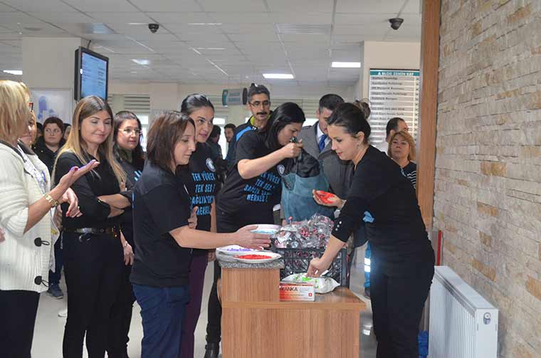 Sağlık Sen Eskişehir Şubesi Kadınlar Komisyonu üyeleri, Eskişehir Devlet Hastanesi Poliklinik girişinde hazırladıkları “Kadına Şiddete Hayır” panosuna boyalı ellerini kapıştırarak 'kadına şiddete hayır' işaretini oluşturdular.