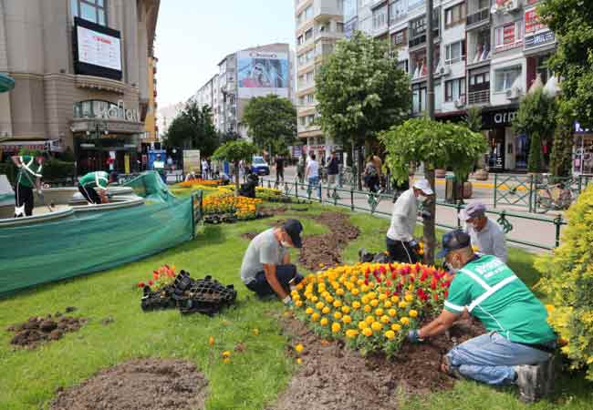 Normalleşme süreciyle birlikte çalışmalarını hızlandıran Büyükşehir Belediyesi Park Bahçeler ekipleri, Eskişehir’i kendi seralarında yetiştirdiği rengarenk çiçekler ile süslüyor. Porsuk Çayı ve çevresi başta olmak üzere kavşaklar ve bulvarları çiçek ve bitkiler ile süsleyen ekipler, şehre estetik bir görünüm kazandırmaya devam ediyor. 