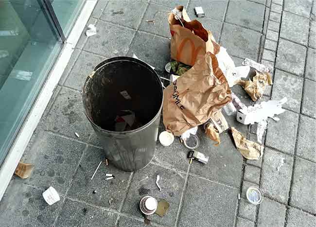 İsmet İnönü caddesi çevresindeki yeşil alanlarda ve bazı çöp kovalarının yakınlarında karton bardaklar, kaseler, sigara paketleri, poşetler, pet şişeler, içecek kutuları gibi pek çok çöp sağa sola saçılmış bir hâlde görüntülendi