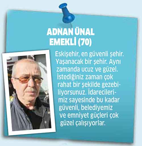 Dünya üzerindeki farklı şehirlerin güvenlik oranlarını ele alan bir araştırmada Eskişehir’in, Türkiye’de yer alan en güvenli şehir olduğu açıklandı. Biz de vatandaşa “Eskişehir, sizce güvenli
bir şehir mi?” diye sorduk. HAZIRLAYAN: ECEM EFEKAN