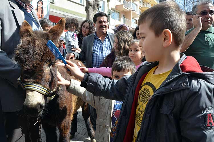 Eskişehir’de Gürleyik Doğal ve Tarihi Varlıkları Koruma Derneği tarafından yapılan eşekli protestoya, çocuklar yoğun ilgi gösterdi.