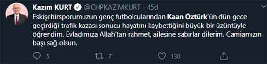 Eskişehirspor U-19 takımında forma giyen genç oyuncu Kaan Öztürk, dün akşam geçirdiği trafik kazası sonrasında yaşamını yitirdi. Eskişehir ve Eskişehirspor'u yasa boğan bu ölüm haberinin ardından spor camiası sosyal medyadan taziyelerini böyle paylaştı...