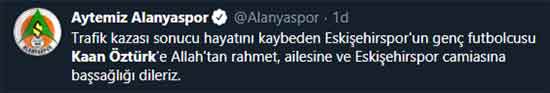 Eskişehirspor U-19 takımında forma giyen genç oyuncu Kaan Öztürk, dün akşam geçirdiği trafik kazası sonrasında yaşamını yitirdi. Eskişehir ve Eskişehirspor'u yasa boğan bu ölüm haberinin ardından spor camiası sosyal medyadan taziyelerini böyle paylaştı...