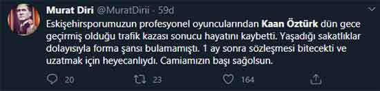 Eskişehirspor U-19 takımında forma giyen genç oyuncu Kaan Öztürk, dün akşam geçirdiği trafik kazası sonrasında yaşamını yitirdi. Eskişehir ve Eskişehirspor'u yasa boğan bu ölüm haberinin ardından spor camiası sosyal medyadan taziyelerini böyle paylaştı...