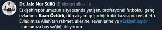 Eskişehirspor U-19 takımında forma giyen genç oyuncu Kaan Öztürk, dün akşam geçirdiği trafik kazası sonrasında yaşamını yitirdi. Eskişehir ve Eskişehirspor'u yasa boğan bu ölüm haberinin ardından spor camiası sosyal medyadan taziyelerini böyle paylaştı...