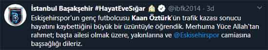 Eskişehirspor U-19 takımında forma giyen genç oyuncu Kaan Öztürk, dün akşam geçirdiği trafik kazası sonrasında yaşamını yitirdi. Eskişehir ve Eskişehirspor'u yasa boğan bu ölüm haberinin ardından spor camiası sosyal medyadan taziyelerini böyle paylaştı...