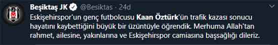 Eskişehirspor U-19 takımında forma giyen genç oyuncu Kaan Öztürk, dün akşam geçirdiği trafik kazası sonrasında yaşamını yitirdi. Eskişehir ve Eskişehirspor'u yasa boğan bu ölüm haberinin ardından spor camiası sosyal medyadan taziyelerini böyle paylaştı...