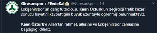 Eskişehirspor U-19 takımında forma giyen genç oyuncu Kaan Öztürk, dün akşam geçirdiği trafik kazası sonrasında yaşamını yitirdi. Eskişehir ve Eskişehirspor'u yasa boğan bu ölüm haberinin ardından spor camiası sosyal medyadan taziyelerini böyle paylaştı...