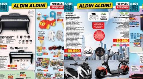 A101'e 12 Eylül'de Motosiklet, 4k Akıllı Televizyonlar, Oyuncu Koltuğu, Elektrikli Moped, Dijital Piyano Geliyor! A101 12 Eylül Aldın Aldın Kataloğu!