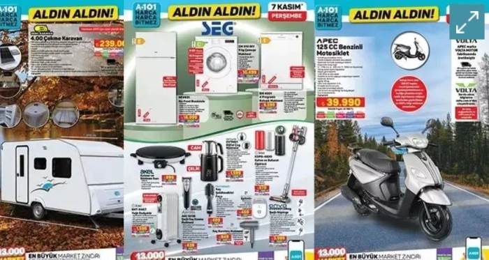 A101 7 Kasım 2024 Aktüel Ürünler Kataloğu: Çekme Karavan, 70 inç Smart TV'ler, 125 CC benzinli motosiklet geliyor!