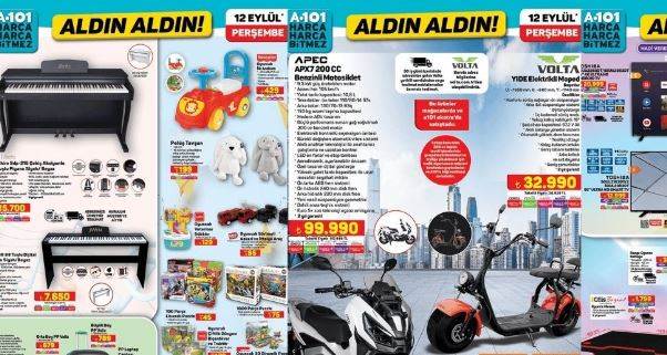 A101'e 12 Eylül'de Motosiklet, 4k Akıllı Televizyonlar, Oyuncu Koltuğu, Elektrikli Moped, Dijital Piyano Geliyor! A101 12 Eylül Aldın Aldın Kataloğu!