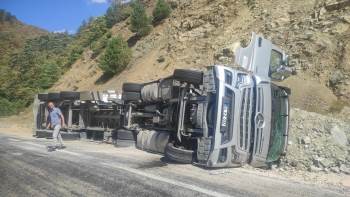 Bolu'da yem yüklü tır virajı alamayarak devrildi